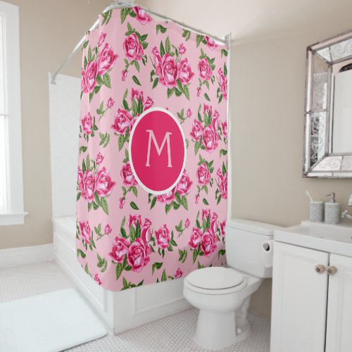 Shabby Chic Monogram Pink Roses Bath Shower Curtain