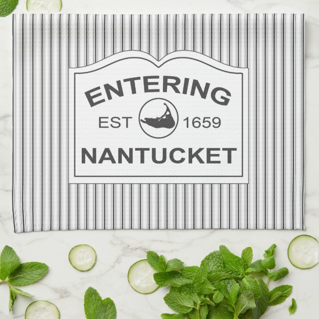 Shabby Chic Nantucket Sign in Black & White Stripe Towel (Folded)