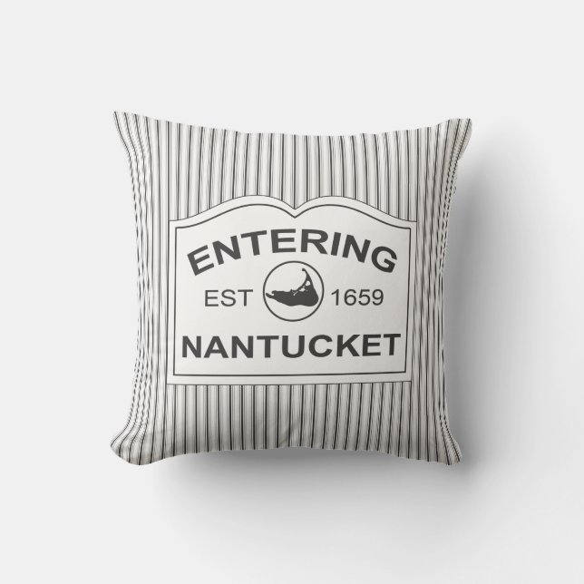 Shabby Chic Nantucket Welcome Sign Black & White Throw Pillow (Front)