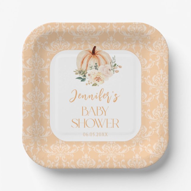 Shabby Chic Orange Little Pumpkin Baby Shower Paper Plates (Front)