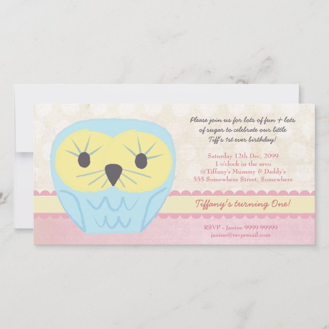Shabby Chic Owl 1st Birthday Party Invite (Front)