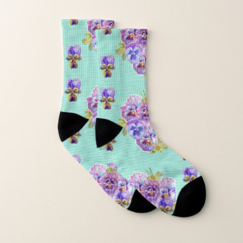 Shabby Chic Pansy Aqua Stripe Floral Socks