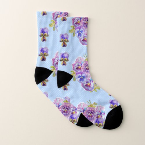 Shabby Chic Pansy Blue Polka Dot Floral Socks