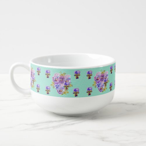 Shabby Chic Pansy Floral Aqua Stripe Flower Soup Mug