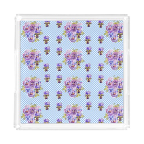 Shabby Chic Pansy Floral Blue Gingham Checks Acrylic Tray