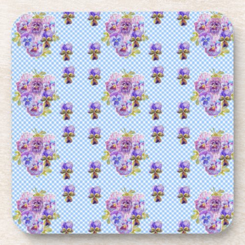 Shabby Chic Pansy Floral Blue Gingham Checks Beverage Coaster