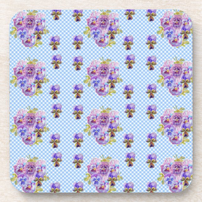 Shabby Chic Pansy Floral Blue Gingham Checks Beverage Coaster (Front)