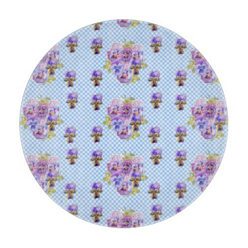 Shabby Chic Pansy Floral Blue Gingham Checks Cutting Board