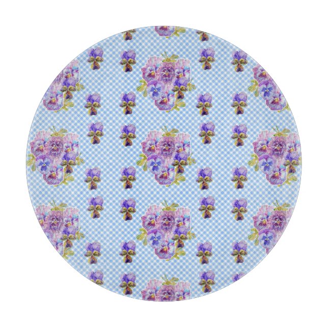 Shabby Chic Pansy Floral Blue Gingham Checks Cutting Board (Front)