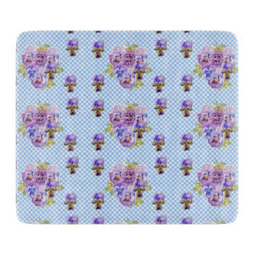 Shabby Chic Pansy Floral Blue Gingham Checks Cutting Board