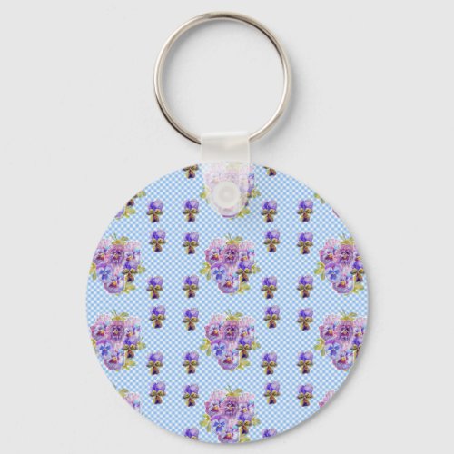 Shabby Chic Pansy Floral Blue Gingham Checks Keychain