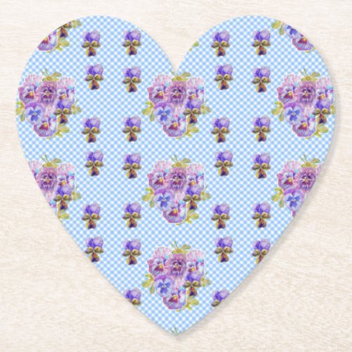Shabby Chic Pansy Floral Blue Gingham Checks Paper Coaster
