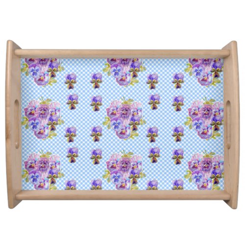 Shabby Chic Pansy Floral Blue Gingham Checks Serving Tray