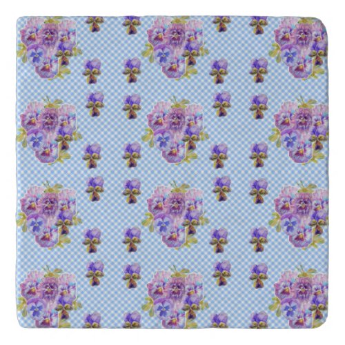 Shabby Chic Pansy Floral Blue Gingham Checks Trivet