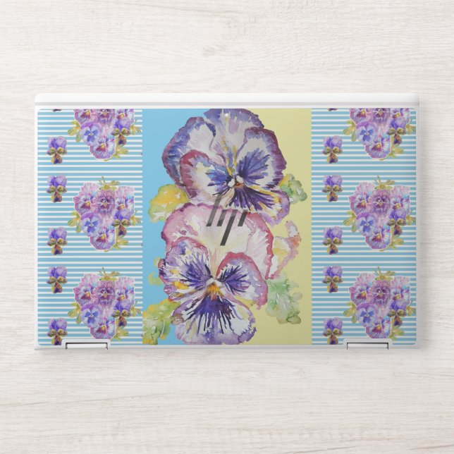 Shabby Chic Pansy Floral Blue Stripe Laptop Skin (Front)