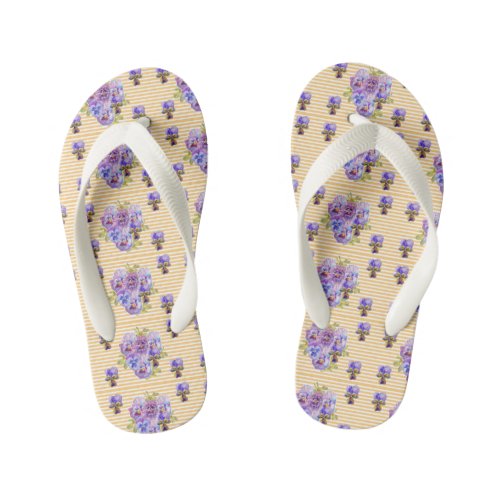 Shabby Chic Pansy floral Flowers Beach Thongs Kids Flip Flops