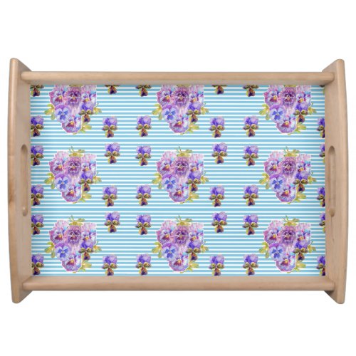 Shabby Chic Pansy Floral Pastel Light Blue Stripe Serving Tray