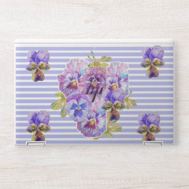Shabby Chic Pansy Floral Purple Stripe Laptop Skin (Front)