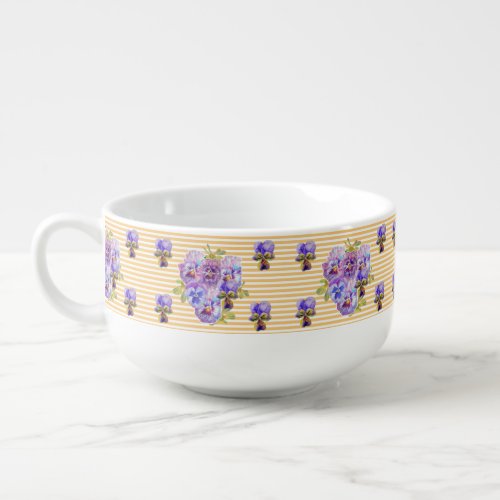 Shabby Chic Pansy Floral Yellow Stripe Checks Soup Mug