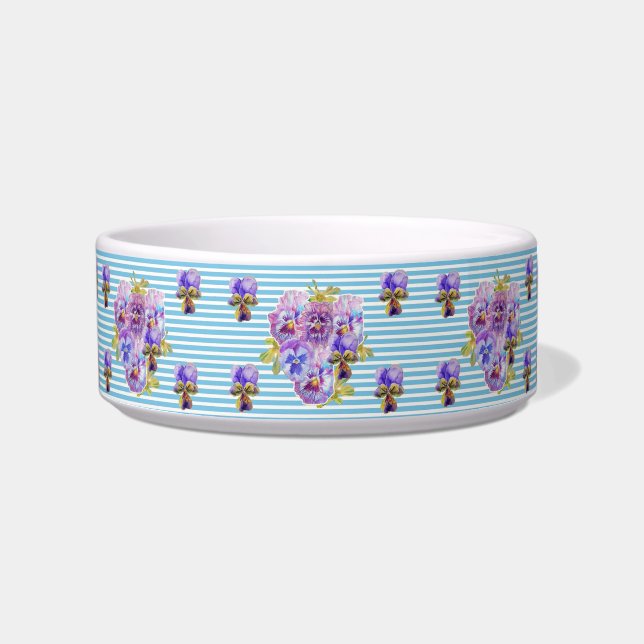 Shabby Chic Pansy flowers Blue Stripe floral Pet Bowl (Front)