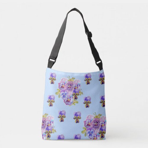 Shabby Chic Pansy Flowers Polka Dot Crossbody Bag