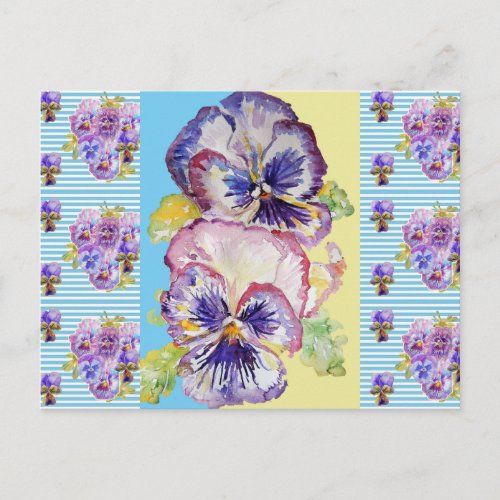 Shabby Chic Pansy Pastel Blue Stripe Art Postcard