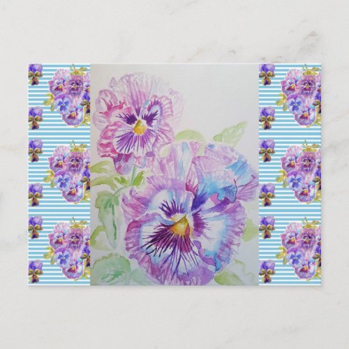 Shabby Chic Pansy Pastel Blue Stripe Art Postcard