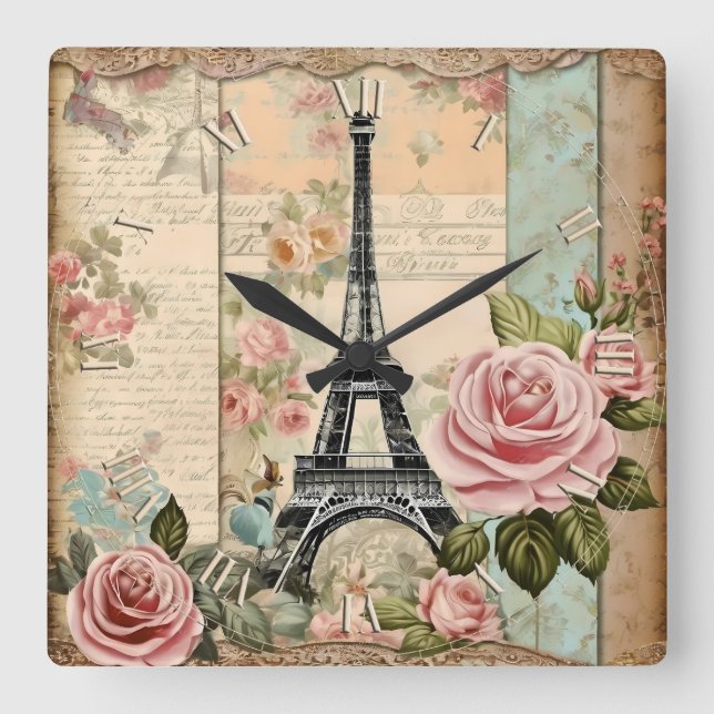 shabby chic paper paris - square wall clock (Front)