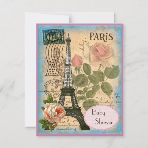 Shabby Chic Paris Eiffel Tower  Roses Baby Shower Invitation