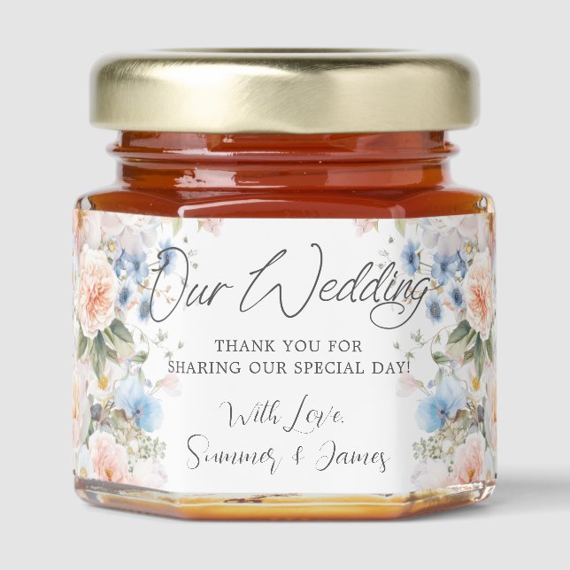 Shabby Chic Pastel Blush Blue White Floral Wedding Honey Jar Favors (Front)