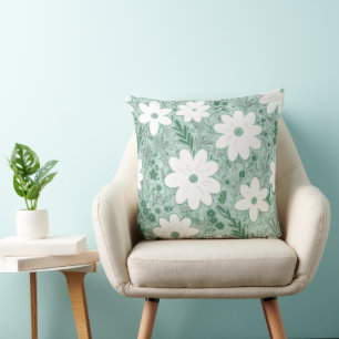 Shabby Chic Pastel Green Retro Daisy Patterned Throw Pillow