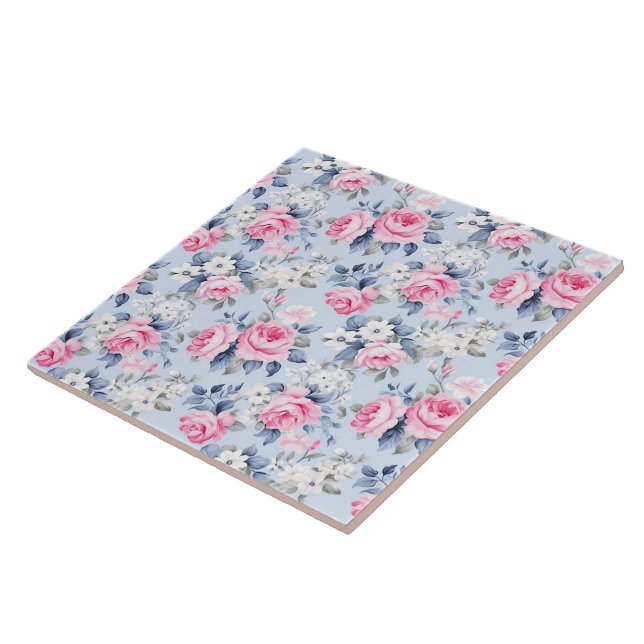 Shabby Chic Pastel Pink Roses Pattern Ceramic Tile (Side)