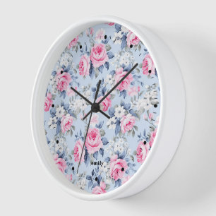 Shabby chic pastel pink roses pattern clock