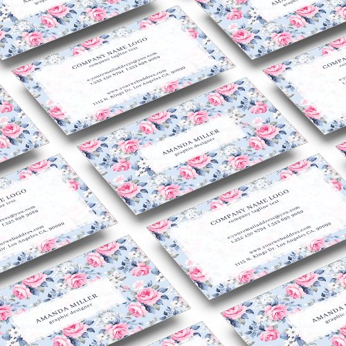 Shabby Chic Pastel Pink Roses Pattern On Blue Business Card