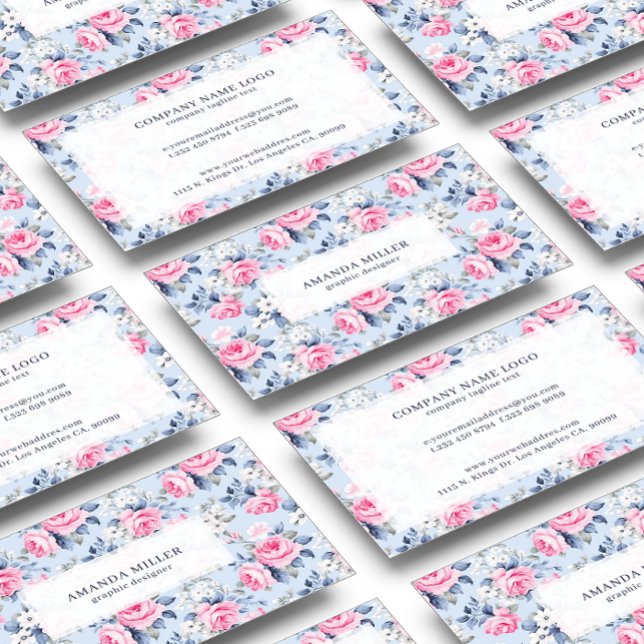 Shabby Chic Pastel Pink Roses Pattern On Blue Business Card (Creator Uploaded)
