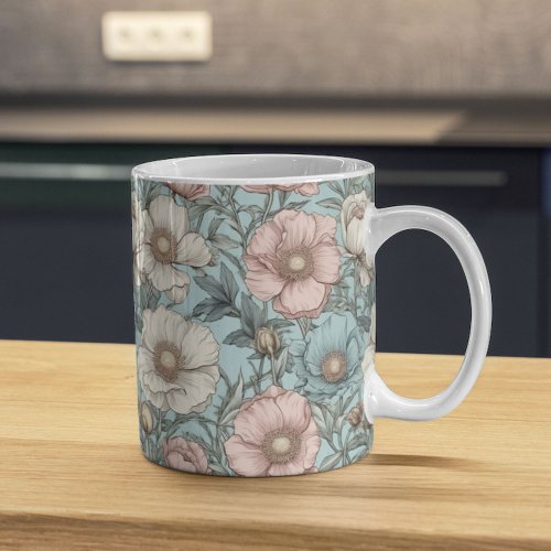 Shabby Chic Pastle Pink and Blue Poppy Flowers Coffee Mug