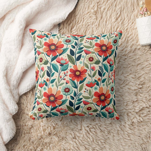 Shabby Chic Peach Blue Wildflowers Illustration Throw Pillow (Blanket)