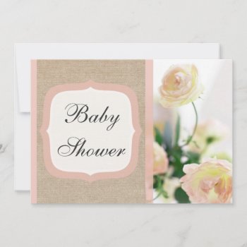 Shabby Chic Peach Peony Burlap Baby Shower Invitation by Mintleafstudio at Zazzle