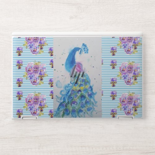 Shabby Chic Peacock Floral Blue Stripe Laptop Skin