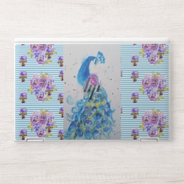 Shabby Chic Peacock Floral Blue Stripe Laptop Skin (Front)