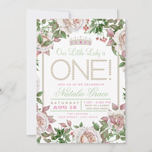 Shabby Chic Pearl Little Lady 1st Birthday Invitation (Front)
