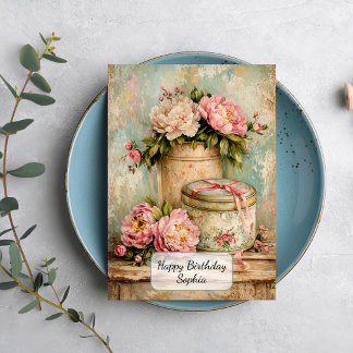 Shabby Chic Peonies and Vintage Tin Card