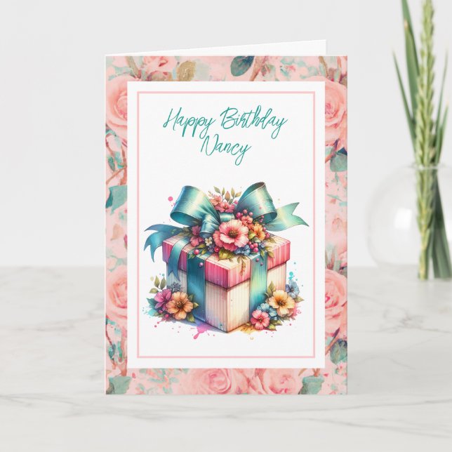 Shabby Chic Personalized Birthday Gift Watercolor Card (Front)