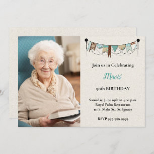 Shabby Chic Photo 90th Birthday Party Invitation