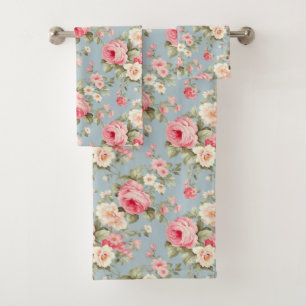 Shabby Chic Pink and Blue Cottage Roses and Flower Bath Towel Set