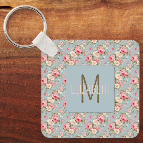 Shabby Chic Pink and Blue Cottage Roses and Flower Keychain