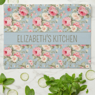 Shabby Chic Pink and Blue Cottage Roses and Flower Kitchen Towel