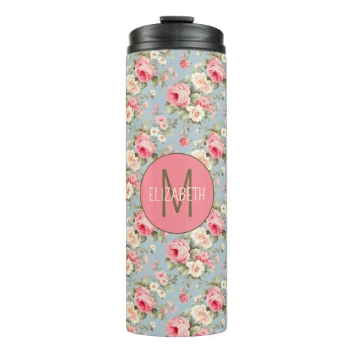 Shabby Chic Pink and Blue Cottage Roses and Flower Thermal Tumbler