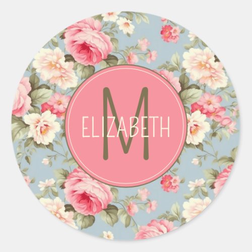 Shabby Chic Pink and Blue Cottage Roses Monogram Classic Round Sticker