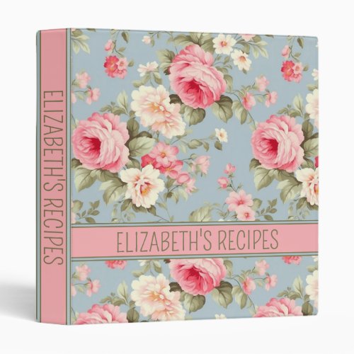 Shabby Chic Pink and Blue Cottage Roses Recipe 3 Ring Binder